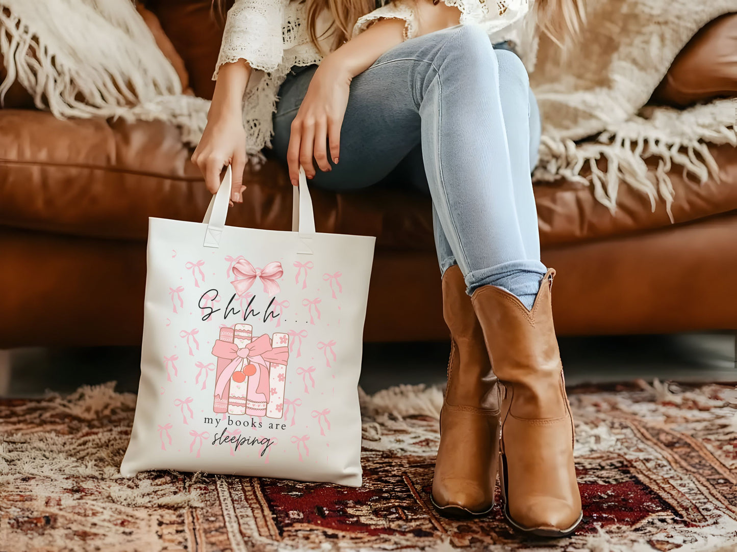 Book Lover's Cotton Canvas Tote Bag, Shhh My Books Are Sleeping, Fantasy Reader's Book Bag, Reading Gift, Library Tote, Book Club Bag